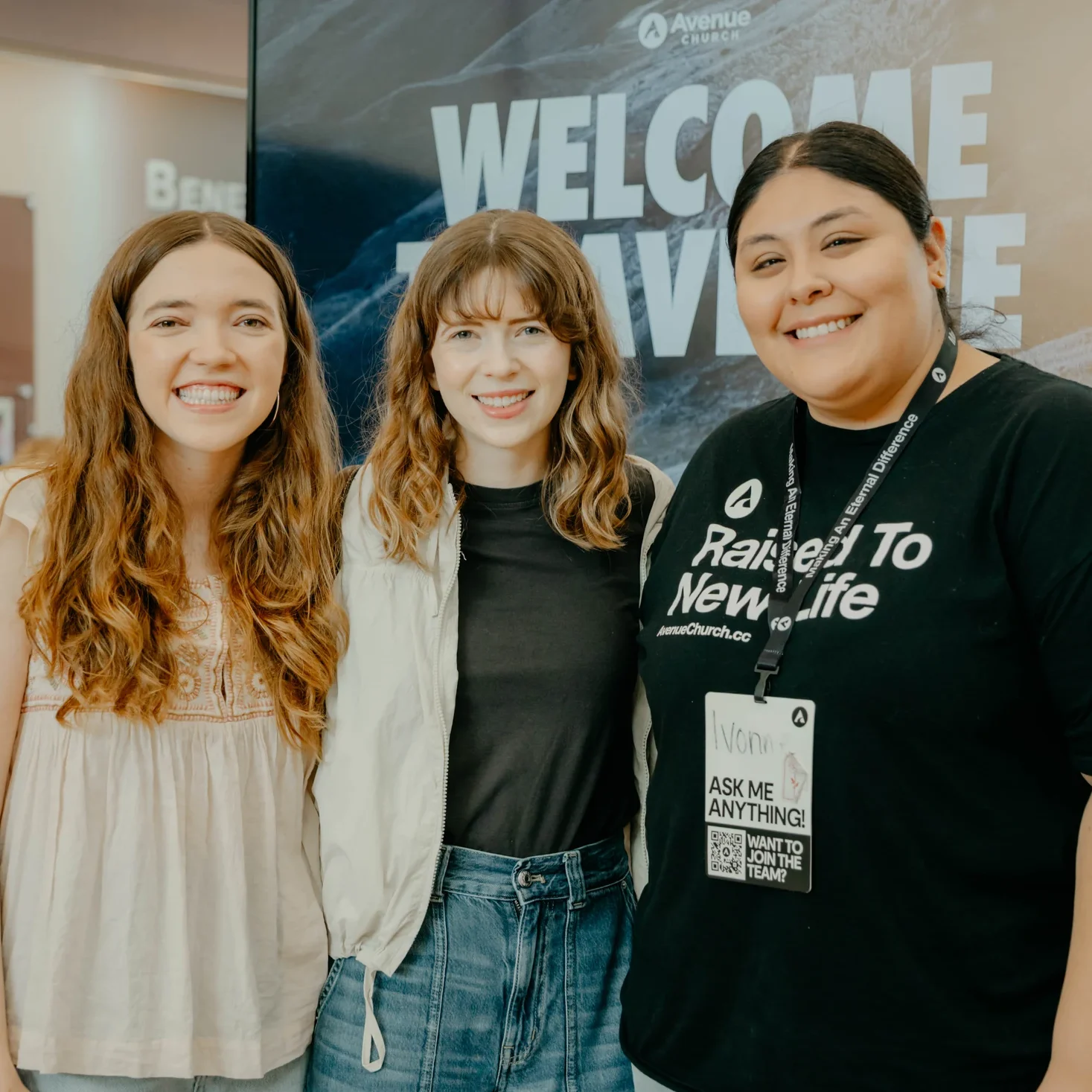 Avenue Church welcome team members smiling in the lobby
